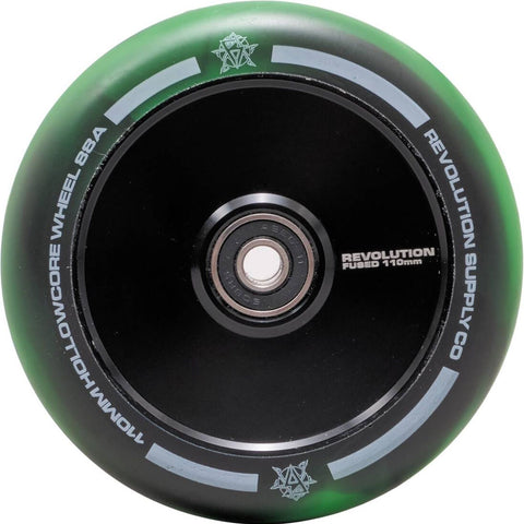 REVOLUTION SUPPLY FUSED CORE 110MM STUNT SCOOTER WHEELS - BLACK / GREEN - Sold As A Pair
